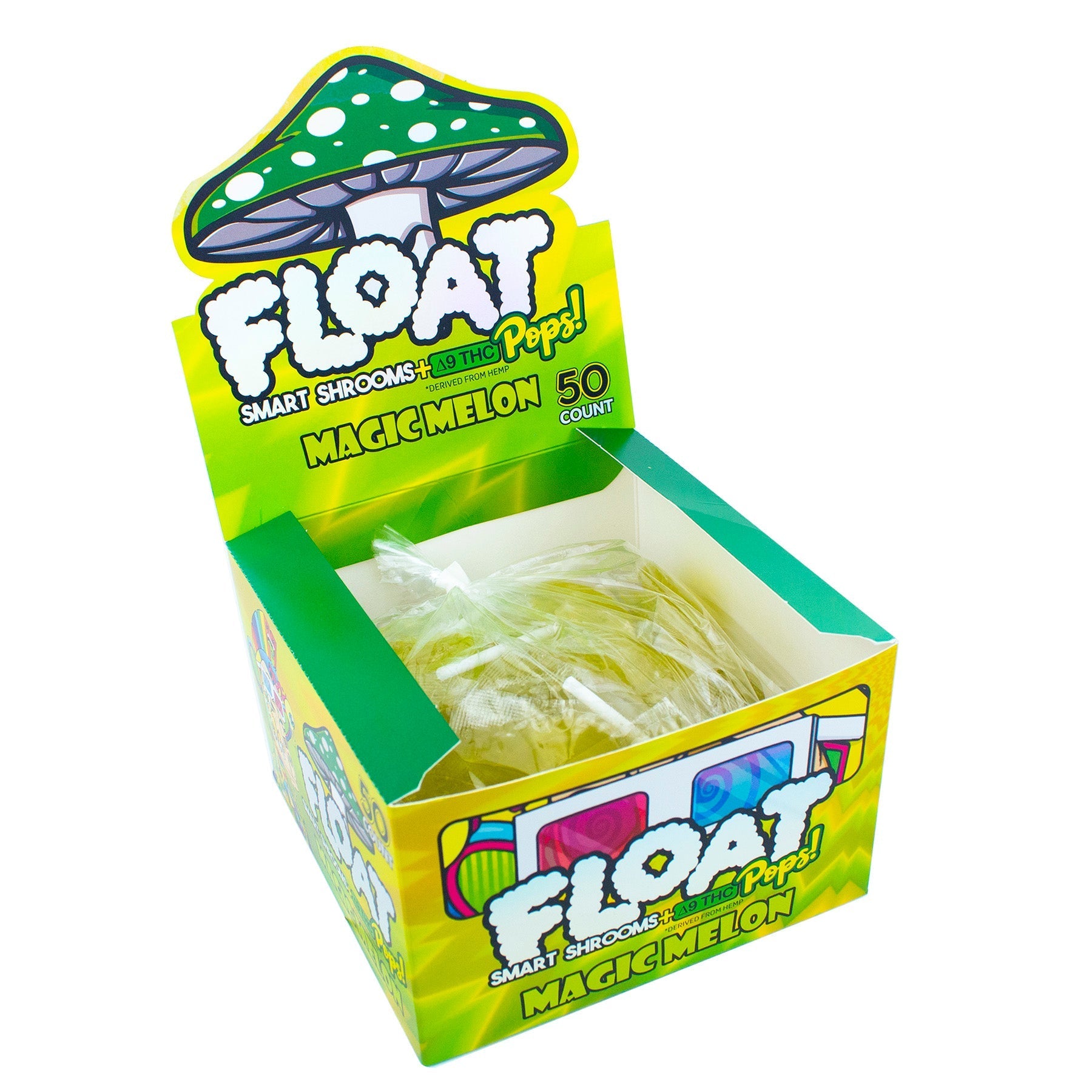 Float Mushroom Lollipop – Magic Melon Flavor, 50-Pack Box