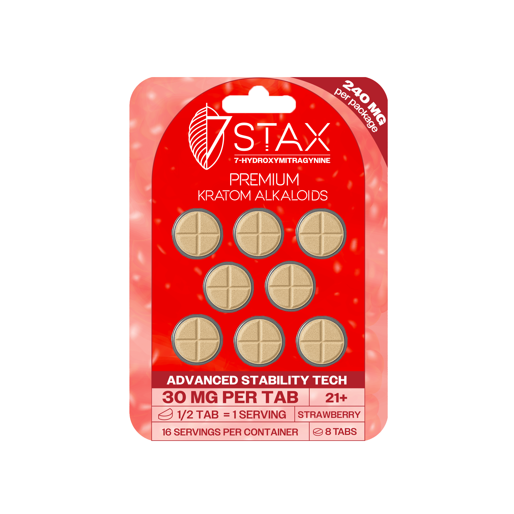7Stax Premium 7-OH Kratom Alkaloid Tablets (240mg - 8 Count) - Strawberry Flavor