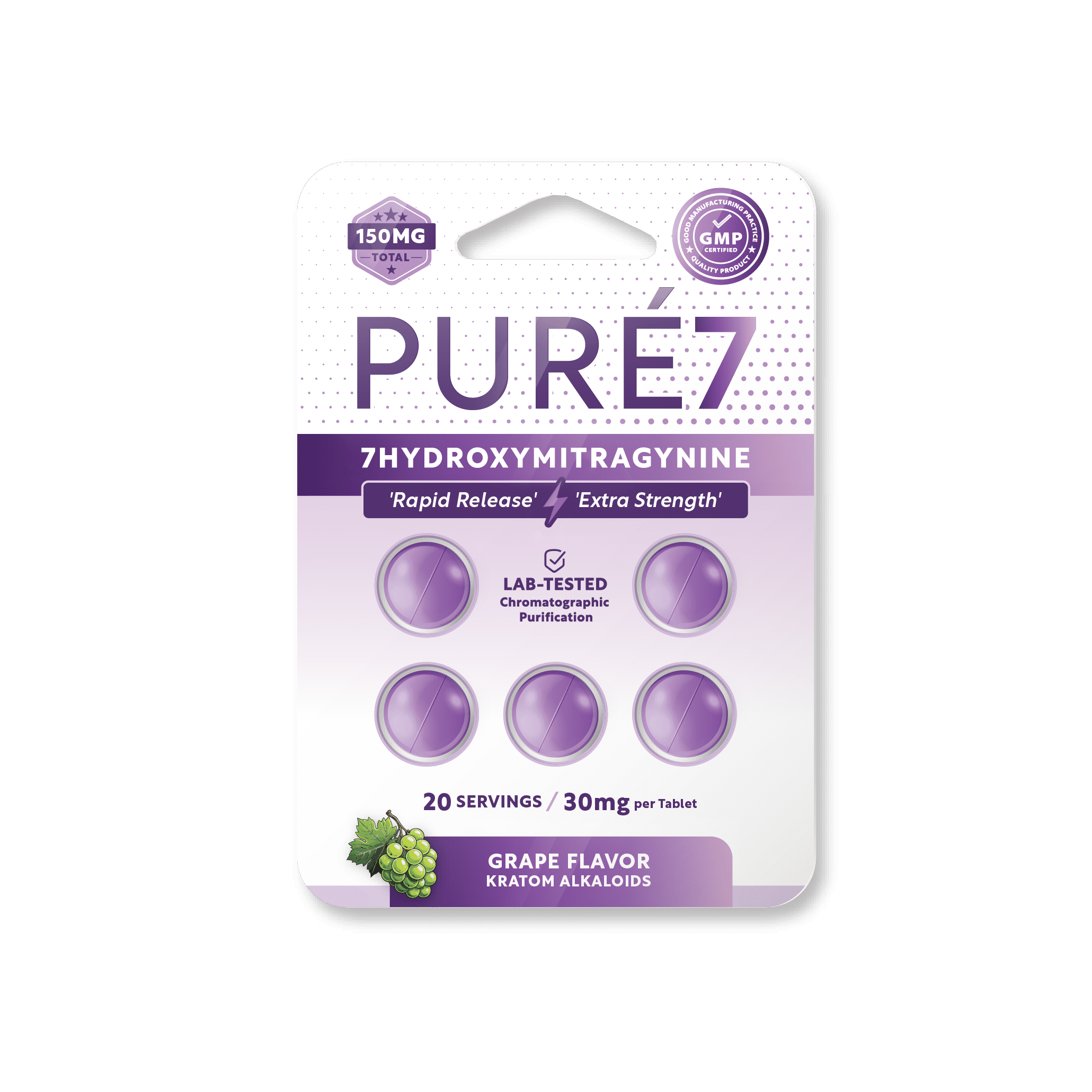 Pure7 7-OH Tablets - Grape Flavor Kratom Alkaloids - 20 Servings - 30mg per tablet