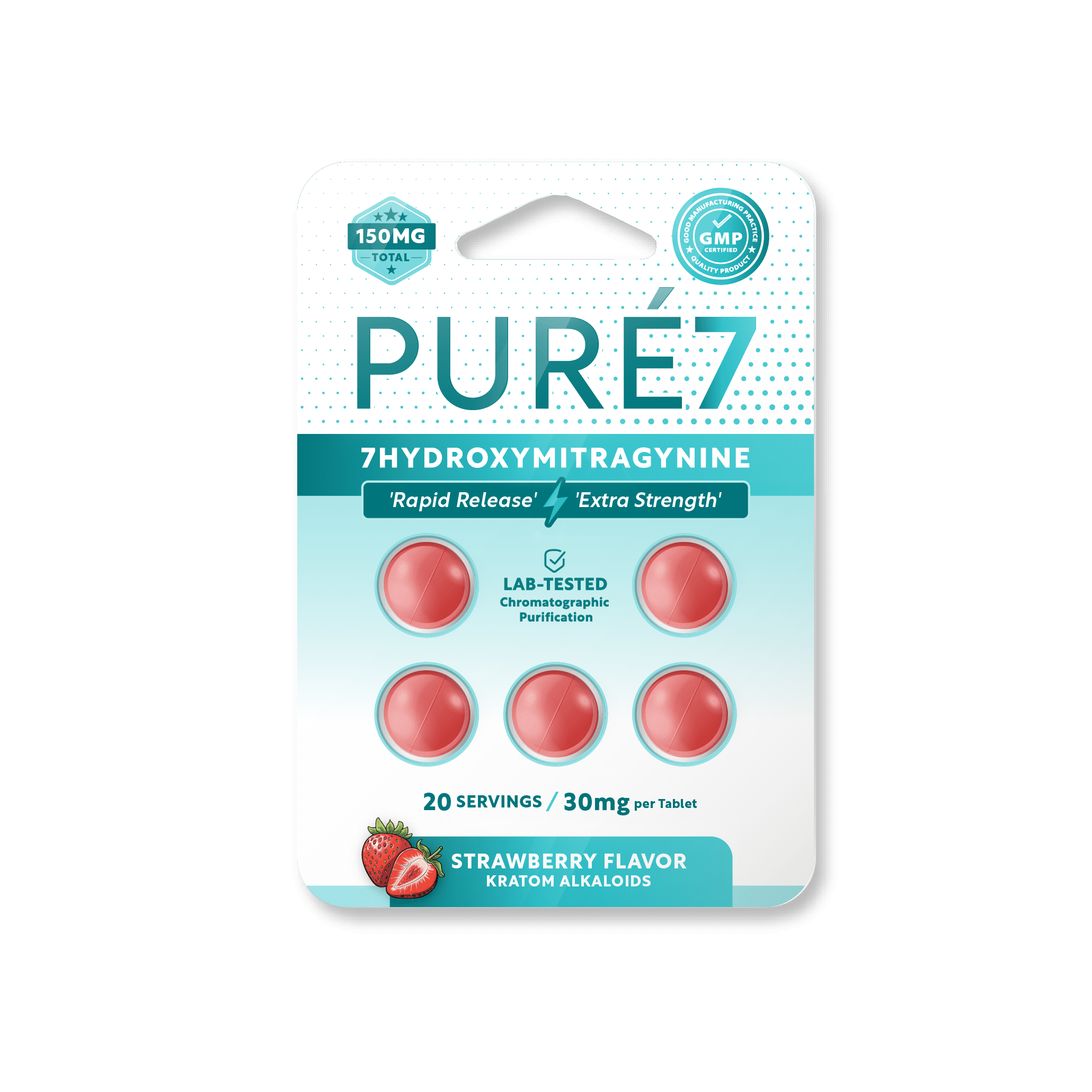 Pure7 7-OH Tablets - Strawberry Flavor Kratom Alkaloids - 20 Servings - 30mg per tablet